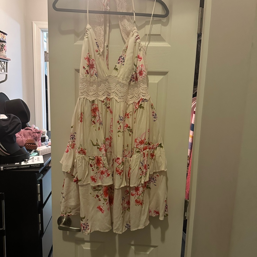 FAVLUX Cream and Red Floral Dress